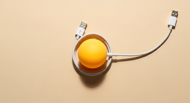 Modern charging concept featuring a yellow ball being charged by a USB cable