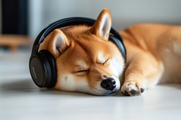 Shiba inu dog sleeping with black headphones on floor