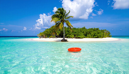 Idyllic tropical island scene with palm tree on sandy beach and floating red inflatable in turquoise ocean water under blue sunny sky