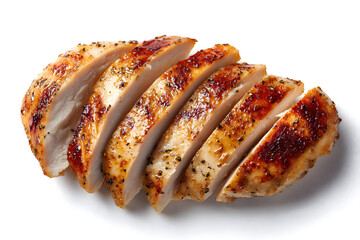 Top-down view of sliced grilled chicken breast neatly arranged on white background