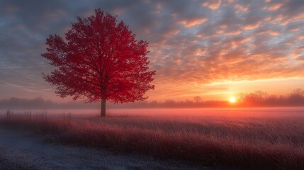 Vibrant red tree stands alone in a misty field during sunrise with colorful clouds above