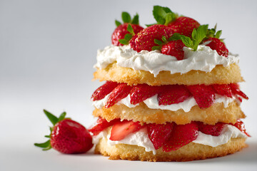 Fresh strawberry shortcake layered with whipped cream and berries on white background