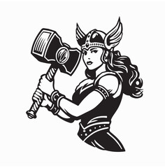 Strong Female Viking Warrior Holding Large Hammer Vector Illustration