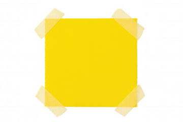 Yellow sticky note paper pinned with clear adhesive tape, providing clean workspace for messaging or graphic design elements against transparent backdrop