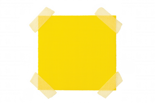 Yellow sticky note paper pinned with clear adhesive tape, providing clean workspace for messaging or graphic design elements against transparent backdrop