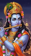 Obraz premium Beautiful krishna playing flute illustration wallpaper god hinduism spirituality artwork deity art