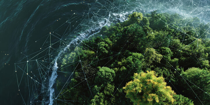 Aerial view of lush green forest meeting ocean, with digital network overlay symbolizing connectivity and sustainability. scene evokes sense of harmony between nature and technology