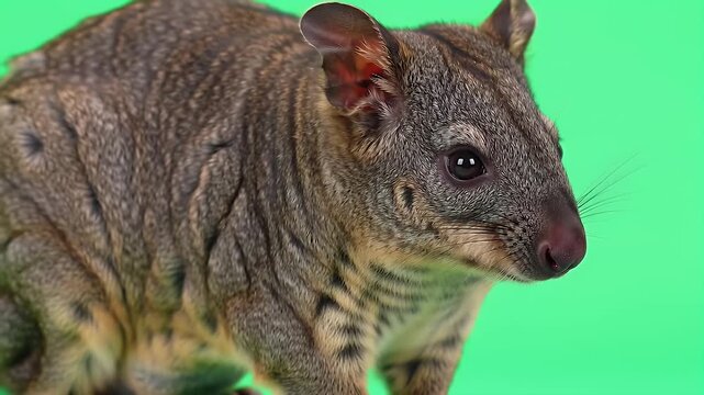 Close-up Portrait of a Small Spotted Marsupial on a Bright Green Background, Studio Shot of a Native Australian Wildlife Animal