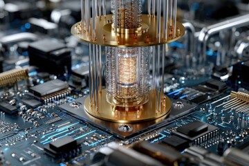 Close-up view of advanced quantum computing component on modern circuit board