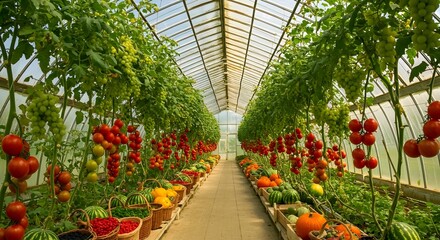 A spacious greenhouse with a transparent roof, filled with lush tomato plants and vibrant produce, exudes a sense of abundance and serenity. AI Generated