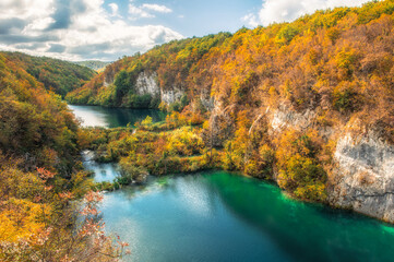 Amazing turquoise water in Plitvice Lakes National Park, Croatia. World heritage site. autumn...