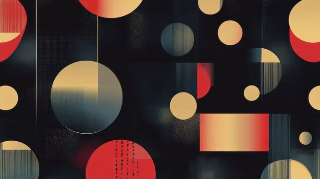 Abstract geometric pattern with red, beige, and gray circles and rectangles on a dark background.