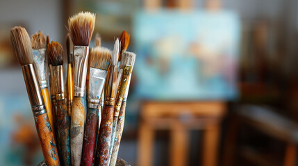 Close up of old used paint brushes in art studio with  canvas on easel in workshop