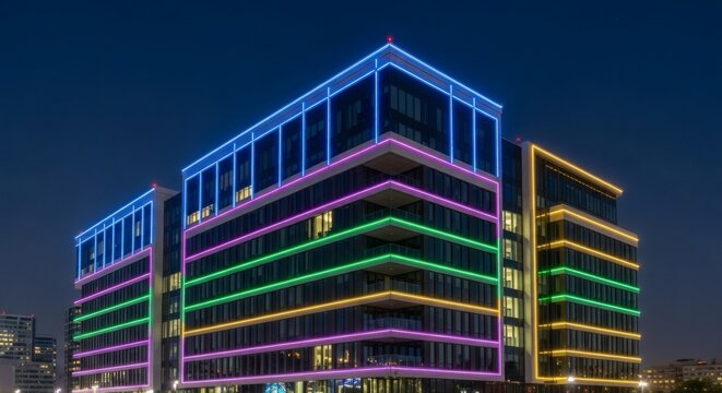 A modern glass office building illuminated with vibrant, colorful horizontal neon lights against a dark night sky. - Powered by Adobe