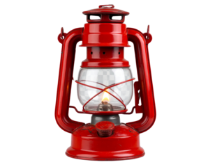 Antique Red Kerosene Lantern with Glowing Flame, isolated on a transparent background