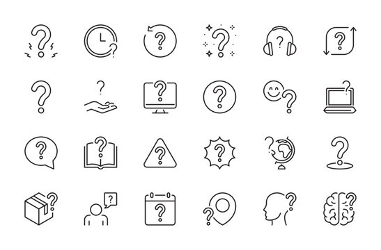 Question line icon set. Ask, question mark, quiz, issue, matter, etc. Symbols for infographic, apps, business. Vector illustration. Editable stroke. Flat design.
