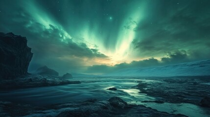 Aurora borealis over a dramatic coastal landscape at night.