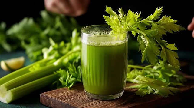 Refreshing green drink creation using fresh celery and a touch of lime on a rustic wooden board