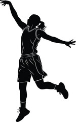 Obraz premium Female basketball player in mid-air, silhouette, action shot, representing strength, athleticism, determination, and teamwork for sports and fitness concepts.