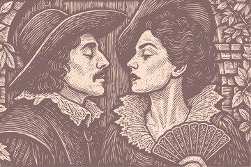 A romantic couple in historical costumes with hats gazes at each other. Vector illustration in a detailed, vintage woodcut or engraving print style.