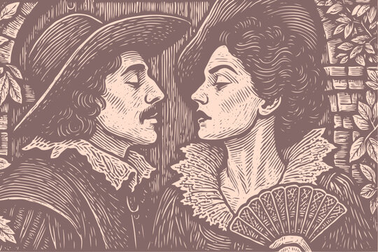 A romantic couple in historical costumes with hats gazes at each other. Vector illustration in a detailed, vintage woodcut or engraving print style.