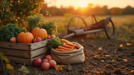 Scene of abundant harvest in rural field at golden hour, freshly picked vegetables in wooden boxes and sacks