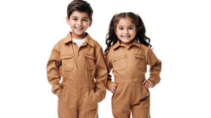 Boy and girl in worker jumpsuits standing together in professional outfit with industrial theme isolated on white background