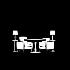 Fototapeta premium Black silhouette illustration of a seating area with two chairs, small table, and table lamps on both sides.