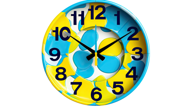 Bright yellow and blue clock with bold numbers and modern time display design isolated on white background