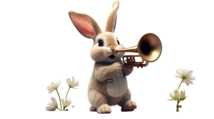Charming rabbit playing trumpet for music inspired performance with whimsical character design isolated on white background