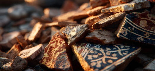 Heap of pottery shards isolated.