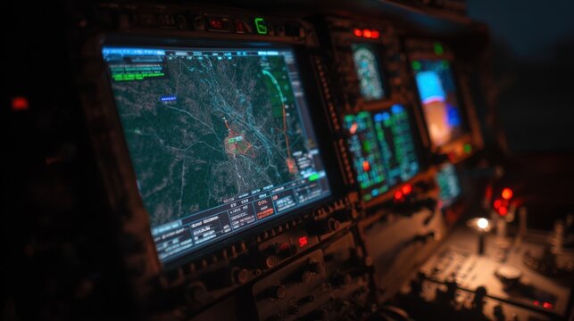 The illuminated display on a drones control panel showing realtime data from its simultaneous localization and mapping SLAM system with digital maps and inventory status being updated.