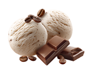Two ice cream scoops with coffee beans and a chocolate bar, isolated on a transparent background. Cutout PNG