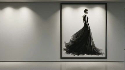 Large fashion portrait of a woman in a flowing black gown displayed in a sleek modern gallery with minimal lighting - Powered by Adobe
