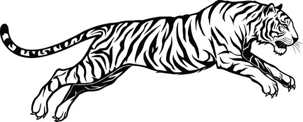 Jumping tiger silhouette, wild animal illustration, black and white design, predator big cat vector art, fierce wildlife drawing, jungle beast graphic