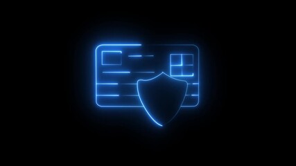  HD animated outline credit card and payment symbol video loop .The neon glowing bank card features a chip and shield icon indicating payment privacy and security. 