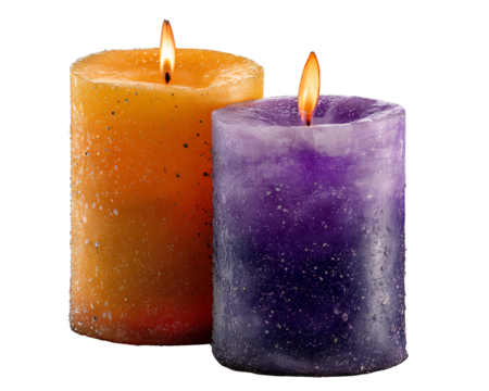 Two candles, one is orange and the other purple - Powered by Adobe