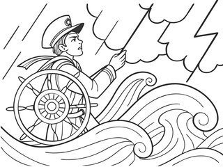 Brave Sailor Steering Through Stormy Seas Coloring Page Illustration