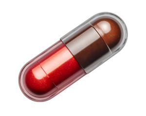 Two brown and red pills in an open pill capsule, transparent
