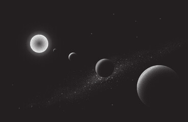 Vector illustration of a parade of planets in open space. Multiple planets are shown in a straight line. Perfect for astronomy, science, education, and space-themed design projects. Made by dots