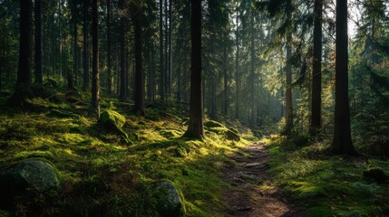 Obraz premium Beautiful forest landscape with path and trees in green mossy vegetation, sunlight rays through the dense canopy