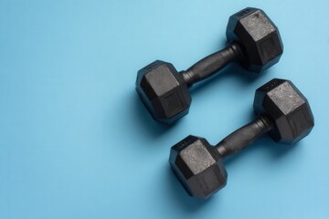 Black dumbbells on a blue background, top view. Space for text or copy space