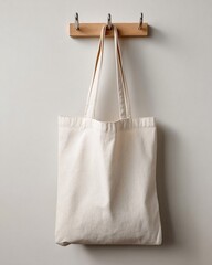 Plain natural canvas tote bag hanging from a simple wooden hook on a neutral white wall.