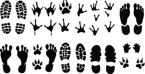 Shoe prints, barefoot tracks, animal paw marks, bird footprints, vector silhouette icons, wildlife tracking symbols, hiking boot sole pattern, pet trail design