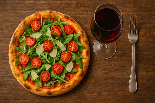 Fresh arugula and cherry tomato pizza topped with parmesan, served with a glass of red wine on wooden table. top view of Italian meal - Powered by Adobe
