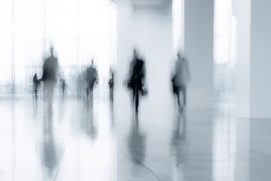 Business people walking in a blurry motion, the background is a white and gray color with light from the window