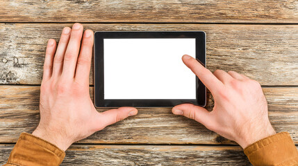 Top view of male hands holding a tablet with a blank white screen on a rustic wooden desk.