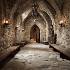 Obraz premium Ancient Stone Tunnel with Wooden Benches and Candlelight