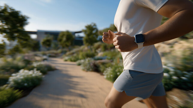 Runner tracking a race with a fitness tracker in a park
