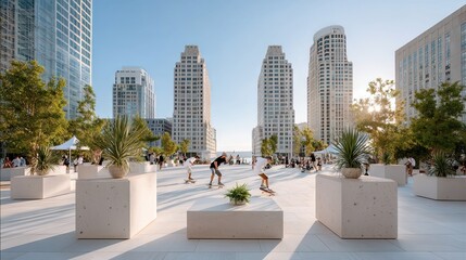 Skateboarders Practicing Tricks in Modern Urban Plaza